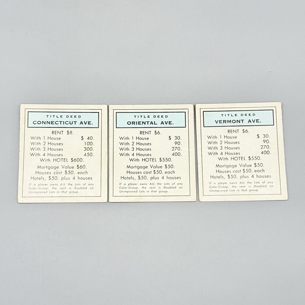 Parker Brothers 1961 Vintage Monopoly #9 Board Game Replacement 3 Lt Blue Deeds